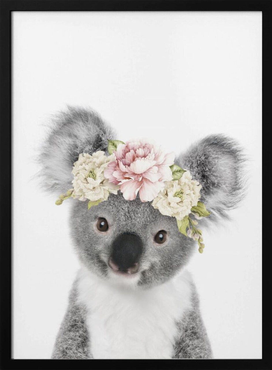 Floral Baby Koala - Lola Peacock 24x36 Black Framed Art | Home or Office Art